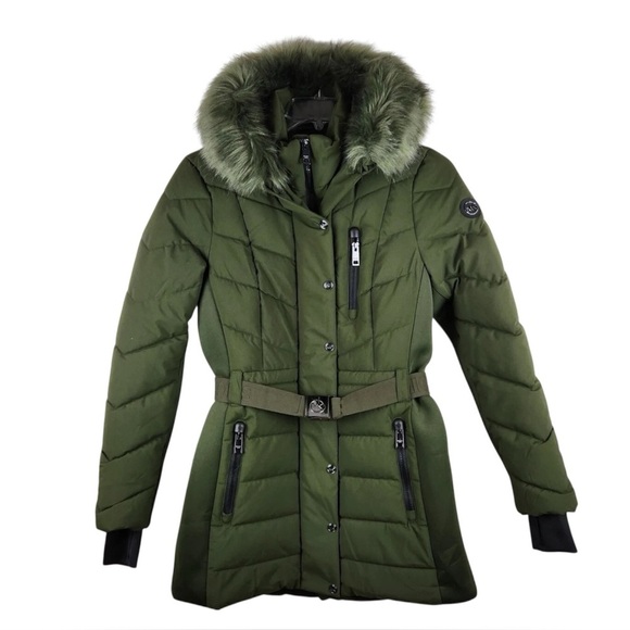 Michael Kors Jackets & Blazers - Michael Kors Womens Hooded Puffer Jacket with Faux Fur Trim and Belt